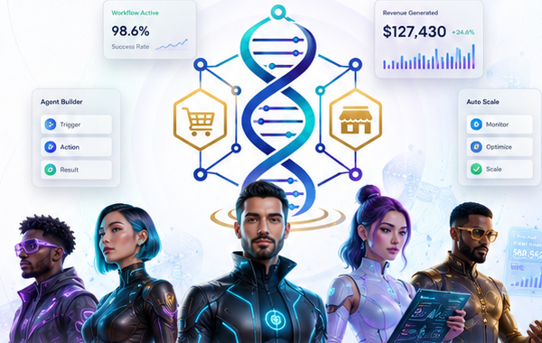 Futuristic AI agents and DNA workflow marketplace hero